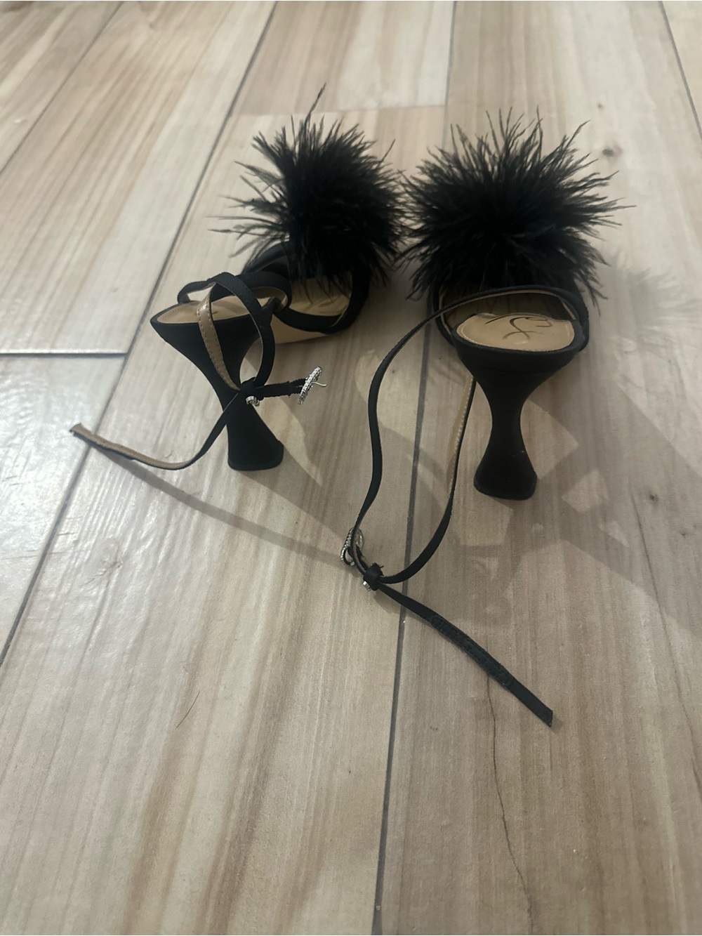 Sam Edelman Black Feather Pom-Pom Ankle-Strap Heels - Picture 2 of 3